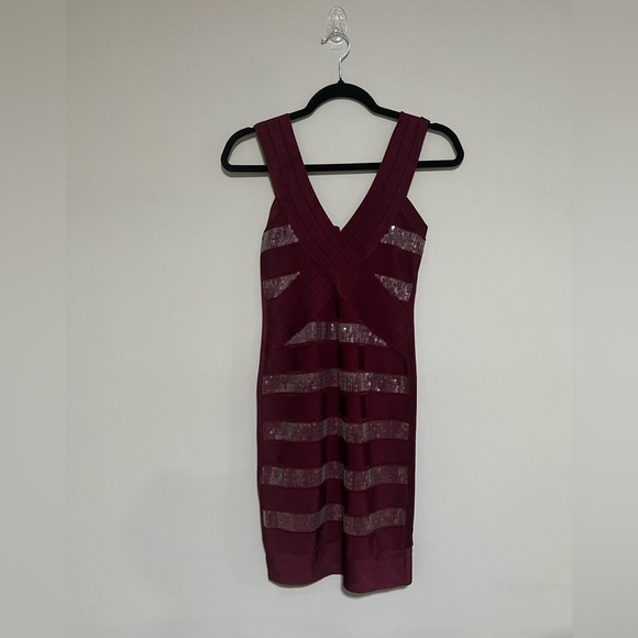 French Connection Burgundy Maroon Sequined Bodycon Bandage Dress Size 6 - Picture 1 of 6